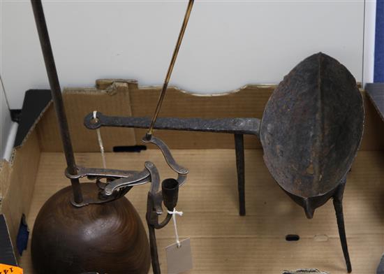 Iron grisset, a Scottish Spill holder and a rush light